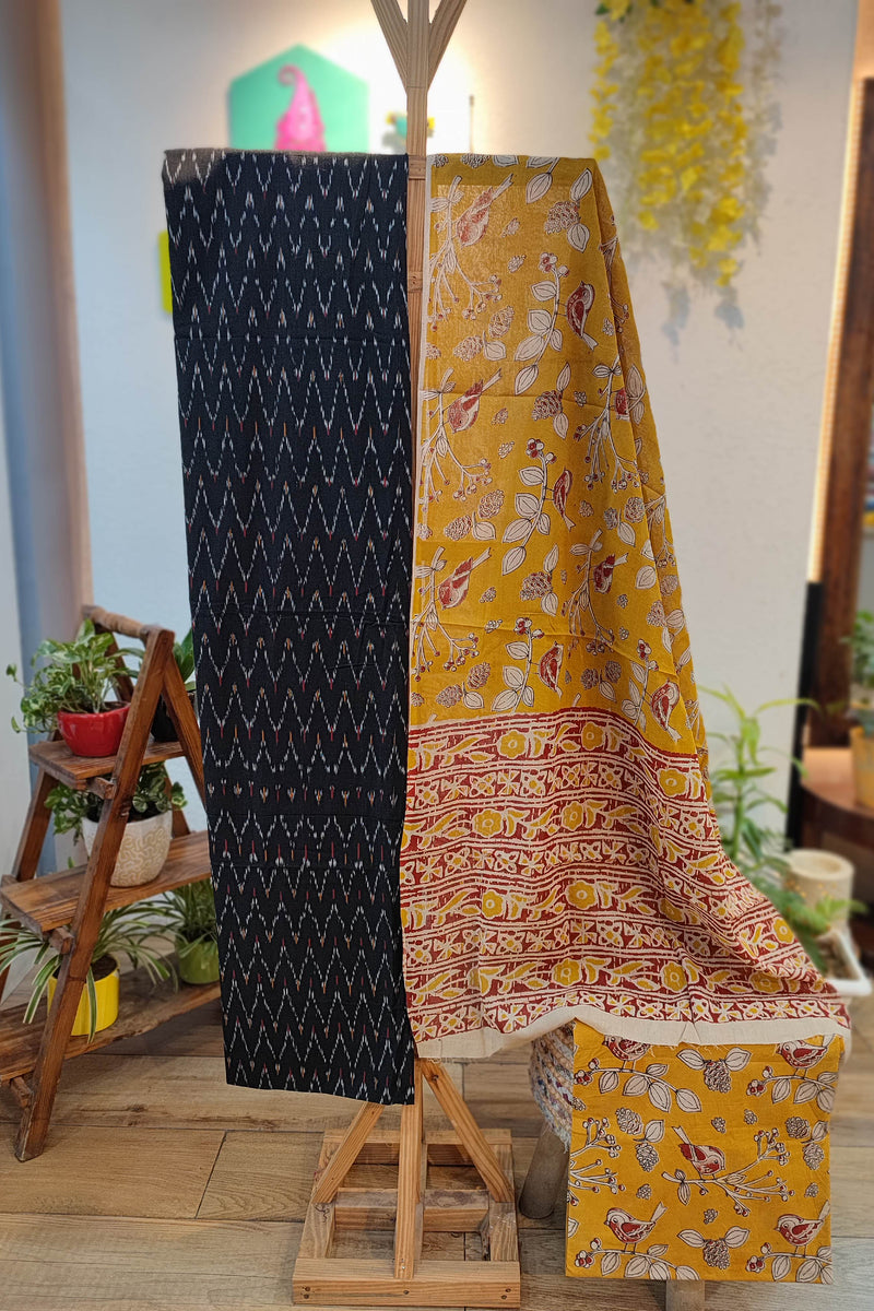 Black Ikkat Suit with Yellow Kalamkari Cotton Pant and Multicolor Dupatta
