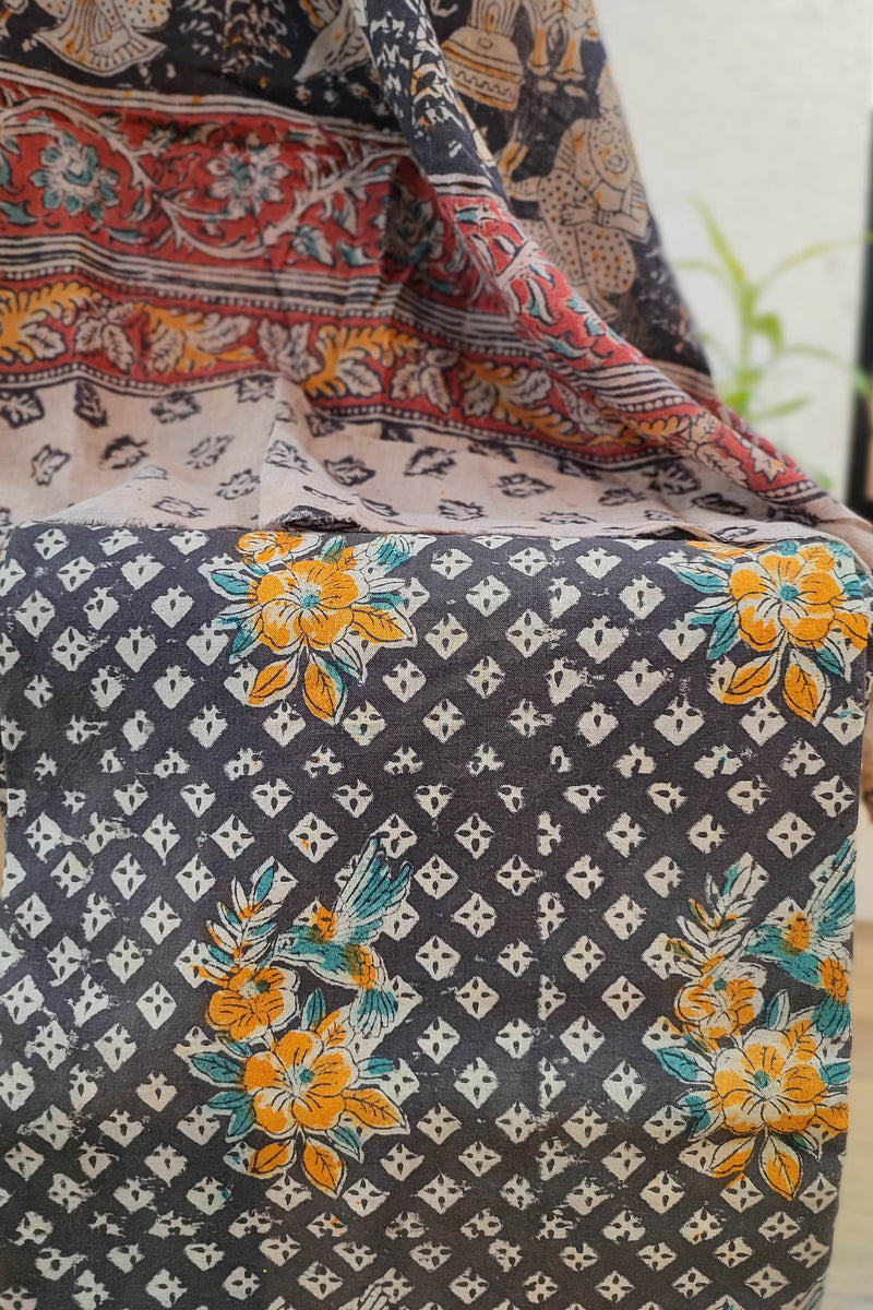 Orange Ikkat Suit with Black Kalamkari Cotton Pant and Multicolor Dupatta