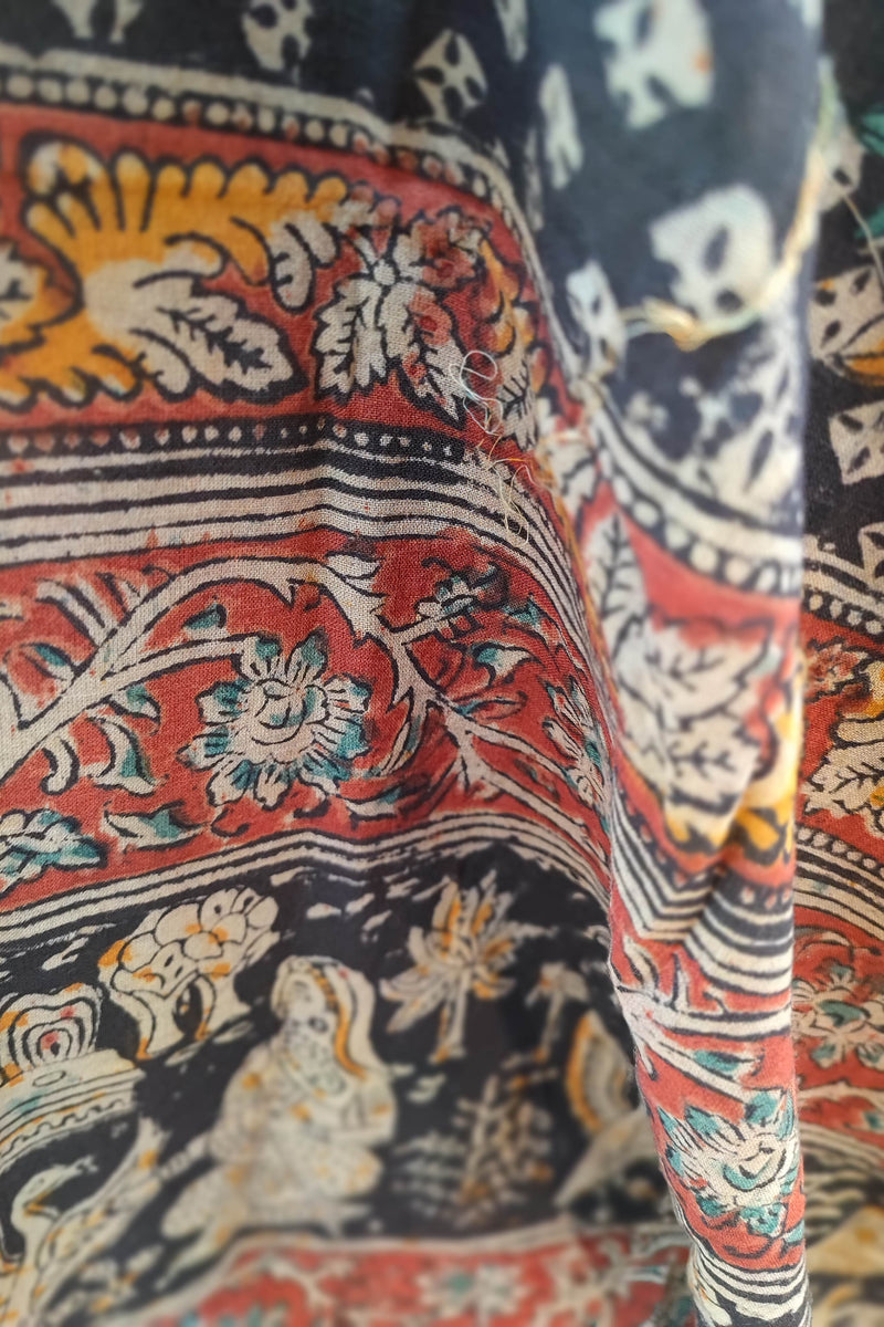 Orange Ikkat Suit with Black Kalamkari Cotton Pant and Multicolor Dupatta