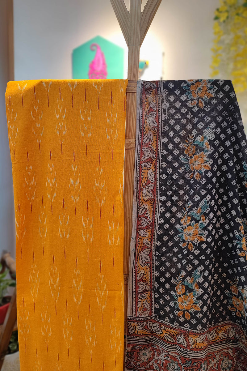 Orange Ikkat Suit with Black Kalamkari Cotton Pant and Multicolor Dupatta