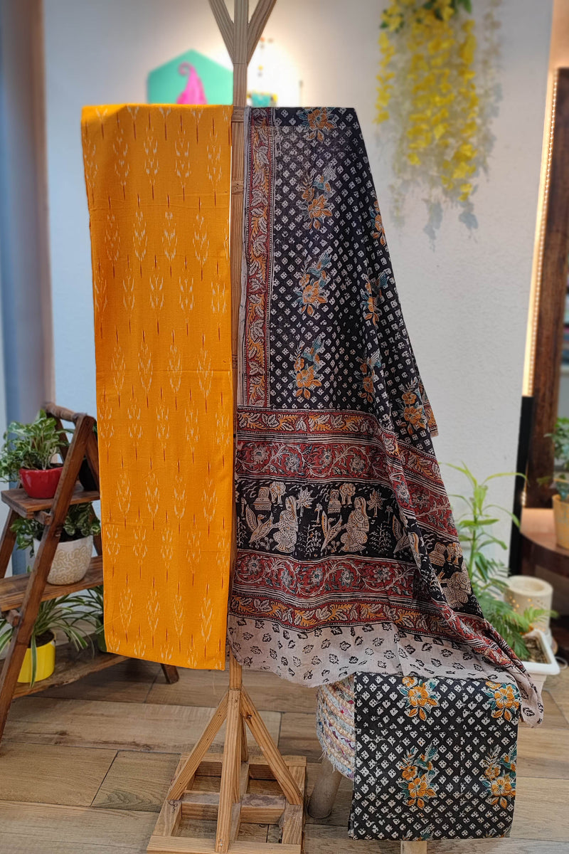 Orange Ikkat Suit with Black Kalamkari Cotton Pant and Multicolor Dupatta
