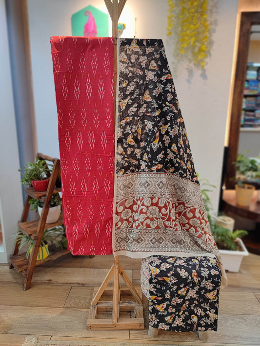 Elegant Red and Black Floral  Suit Set with Kalamkari Prints, Bottom, and Dupatta