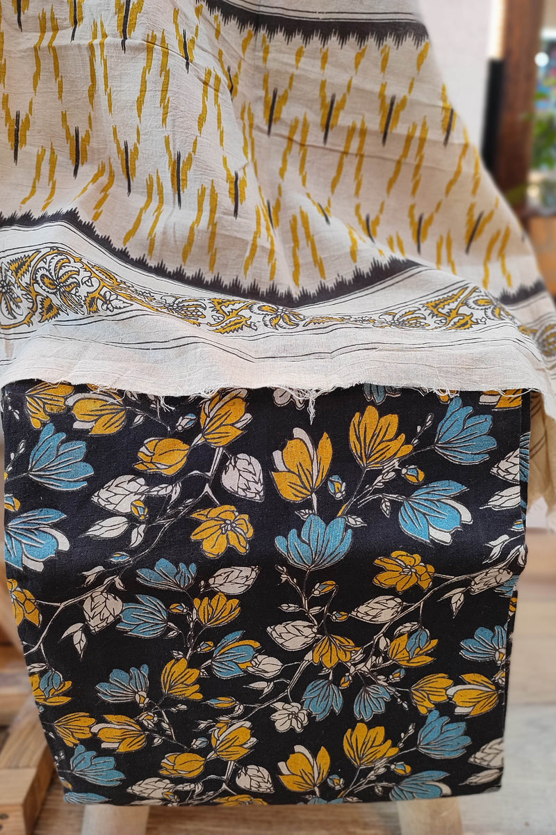 Yellow Ikkat Suit Set with Kalamkari Prints, Bottom, and Dupatta