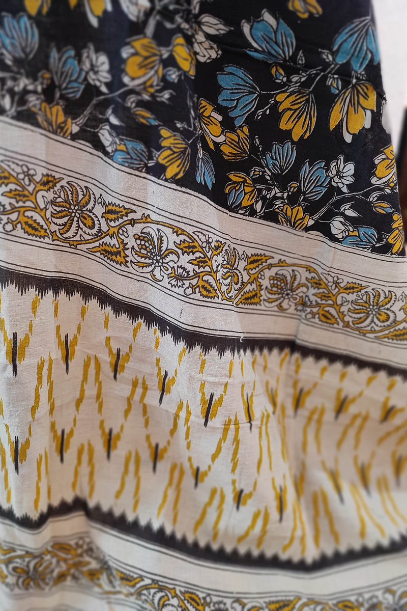 Yellow Ikkat Suit Set with Kalamkari Prints, Bottom, and Dupatta