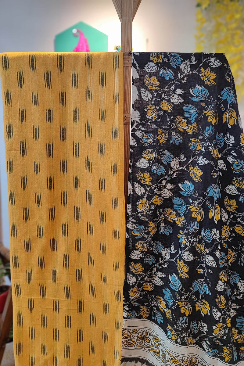 Yellow Ikkat Suit Set with Kalamkari Prints, Bottom, and Dupatta