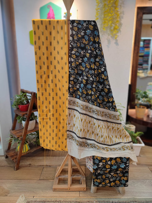 Yellow Ikkat Suit Set with Kalamkari Prints, Bottom, and Dupatta