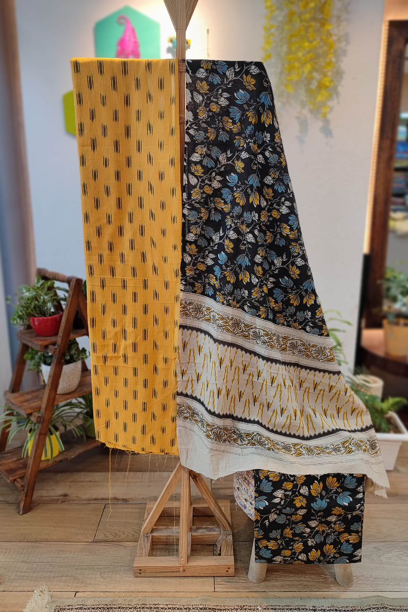Yellow Ikkat Suit Set with Kalamkari Prints, Bottom, and Dupatta