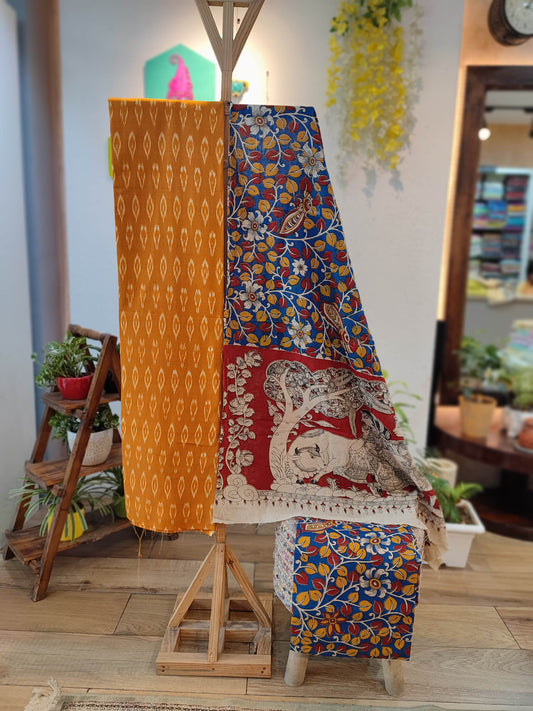 Mango yellow Ikkat Suit Set with Kalamkari Prints, Bottom, and Dupatta