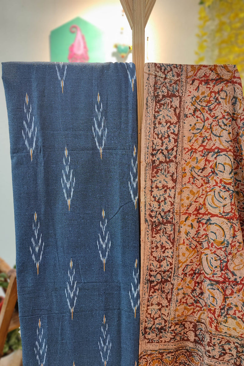 Blue Classic Ikkat Suit Set with Kalamkari Prints, Bottom, and Dupatta
