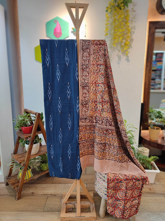 Blue Classic Ikkat Suit Set with Kalamkari Prints, Bottom, and Dupatta