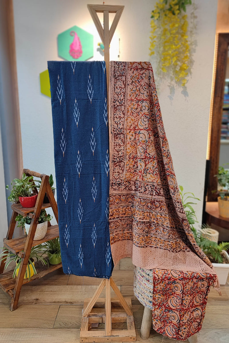 Blue Classic Ikkat Suit Set with Kalamkari Prints, Bottom, and Dupatta