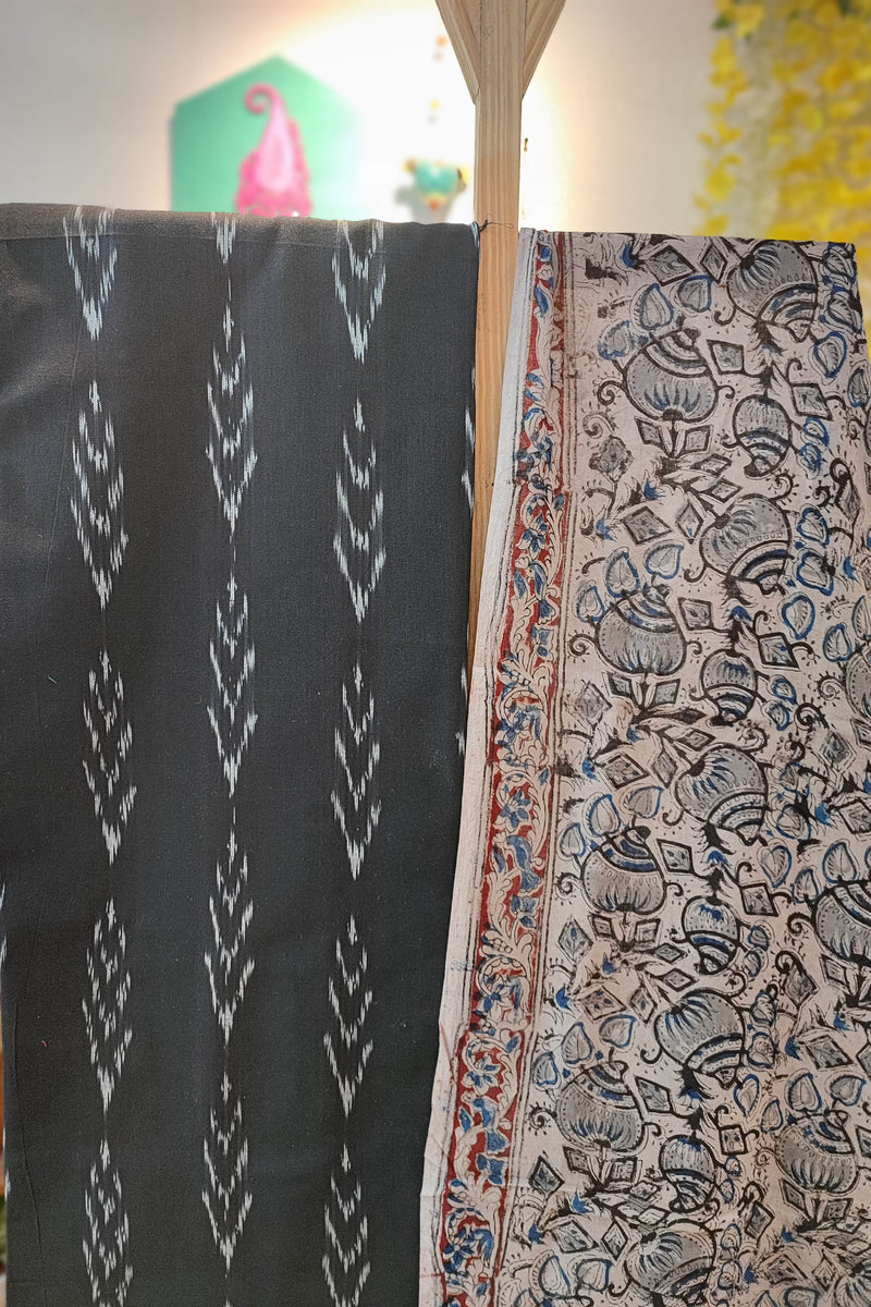 Elegant Black Ikkat Suit Set with Kalamkari Prints, Bottom, and Dupatta