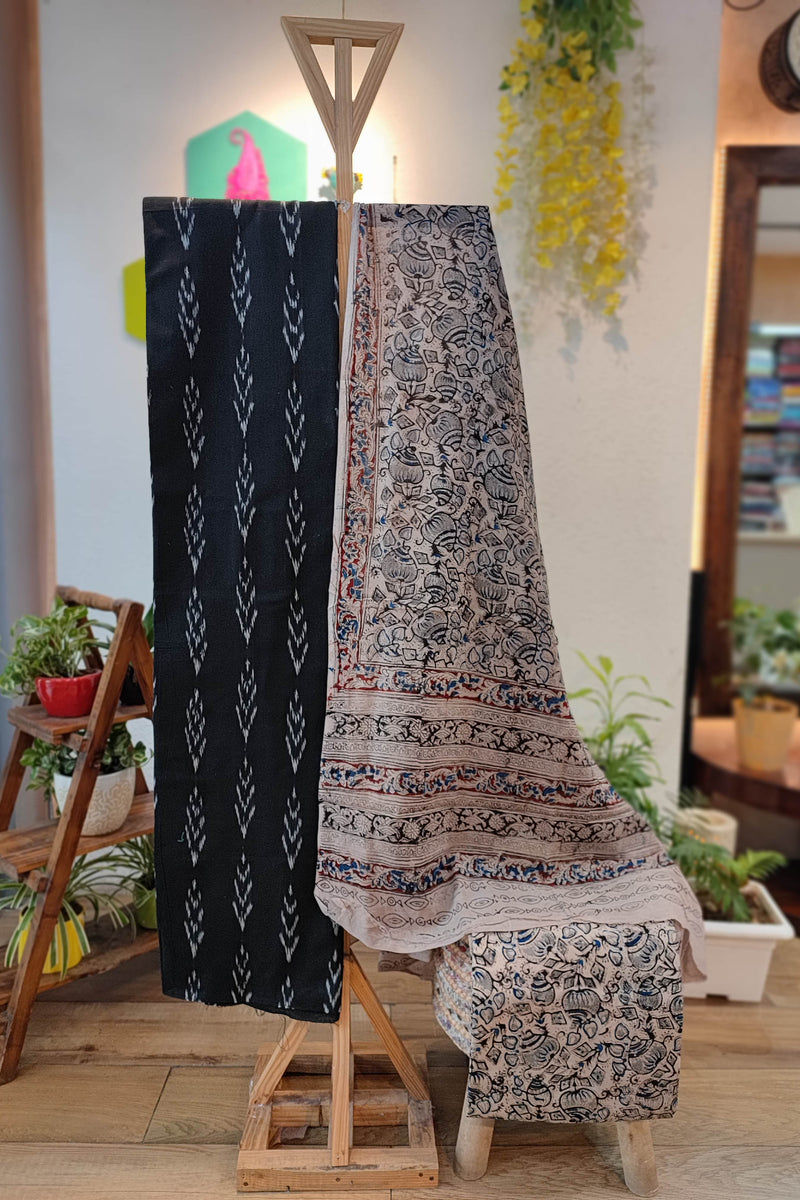 Elegant Black Ikkat Suit Set with Kalamkari Prints, Bottom, and Dupatta