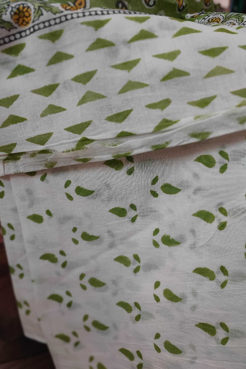 Green and White floral Pattern Handblock Printed Cotton Suit Material with Cotton Bottom and Dupatta