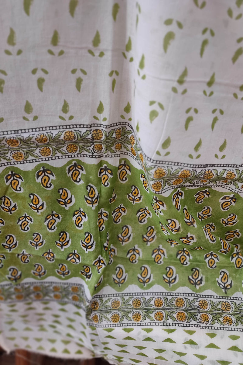 Green and White floral Pattern Handblock Printed Cotton Suit Material with Cotton Bottom and Dupatta