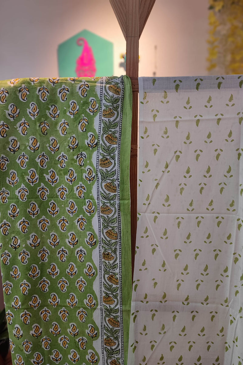Green and White floral Pattern Handblock Printed Cotton Suit Material with Cotton Bottom and Dupatta