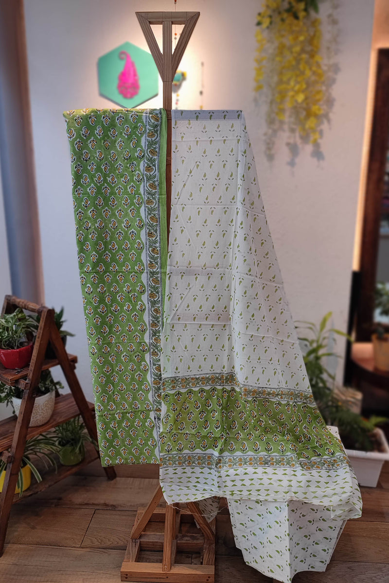 Green and White floral Pattern Handblock Printed Cotton Suit Material with Cotton Bottom and Dupatta