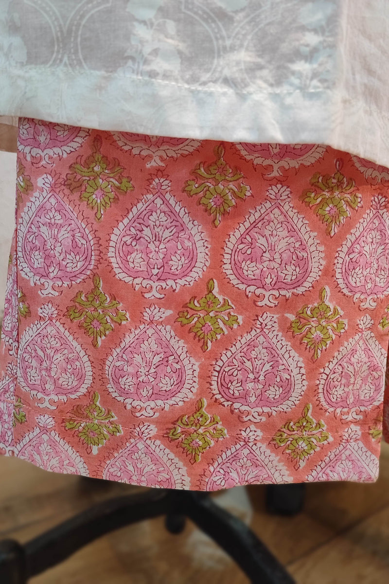 White Handblock Cotton Ready-Made Kurta Set with Pink Motif Prints and Peach Dupatta