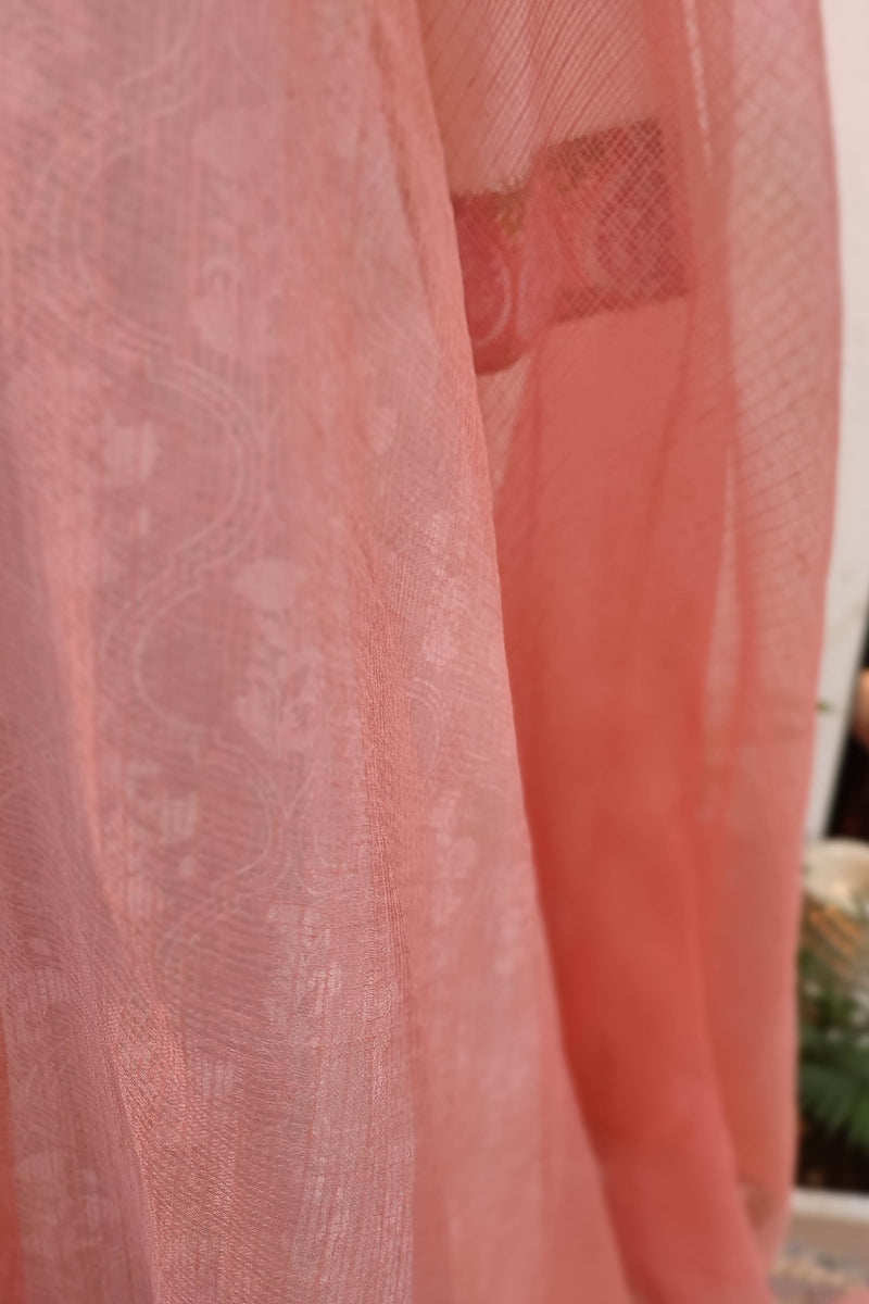 White Handblock Cotton Ready-Made Kurta Set with Pink Motif Prints and Peach Dupatta