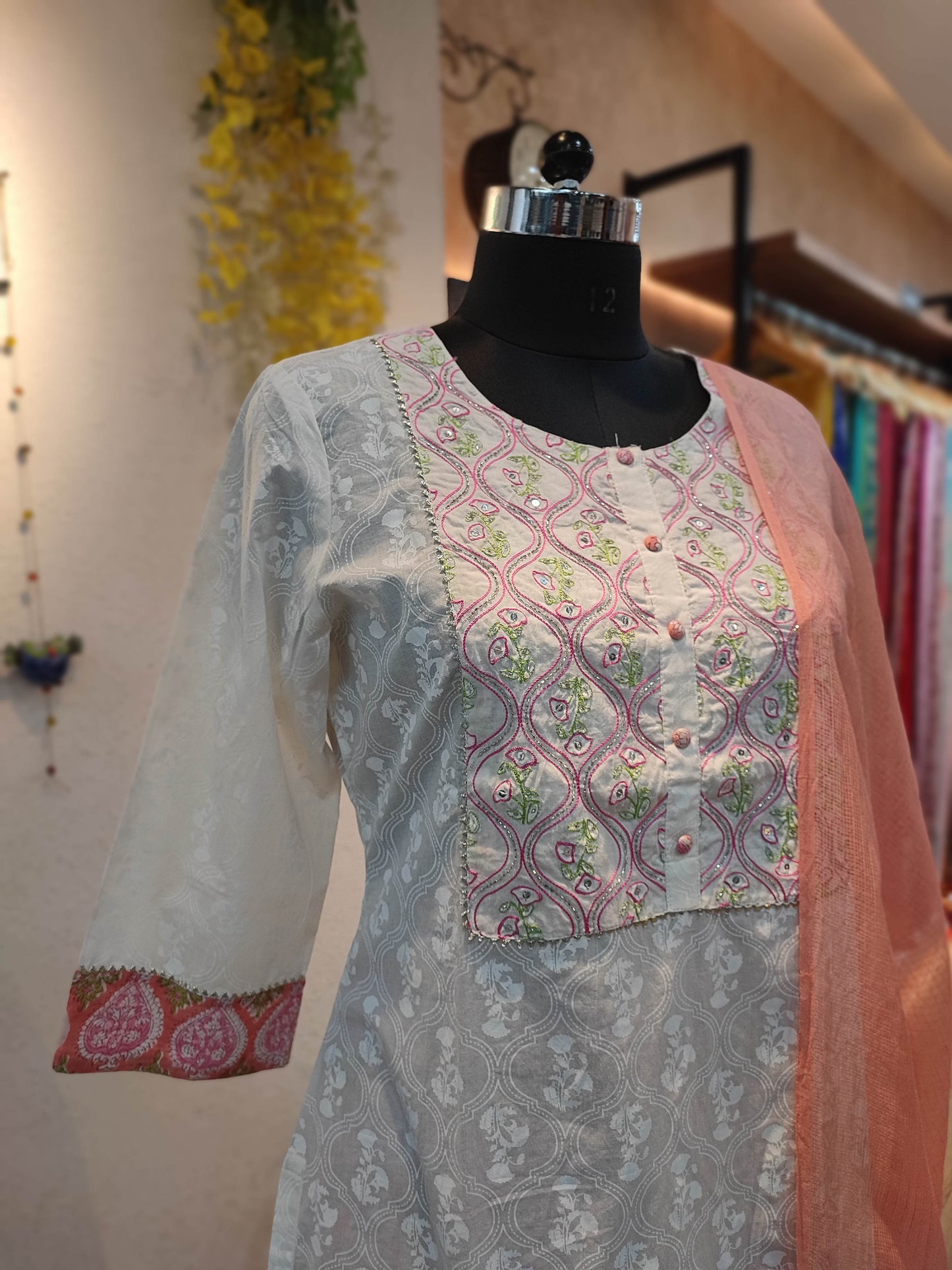 White Handblock Cotton Ready-Made Kurta Set with Pink Motif Prints and Peach Dupatta