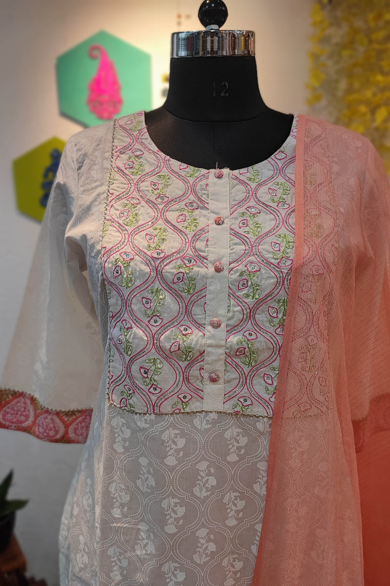 White Handblock Cotton Ready-Made Kurta Set with Pink Motif Prints and Peach Dupatta