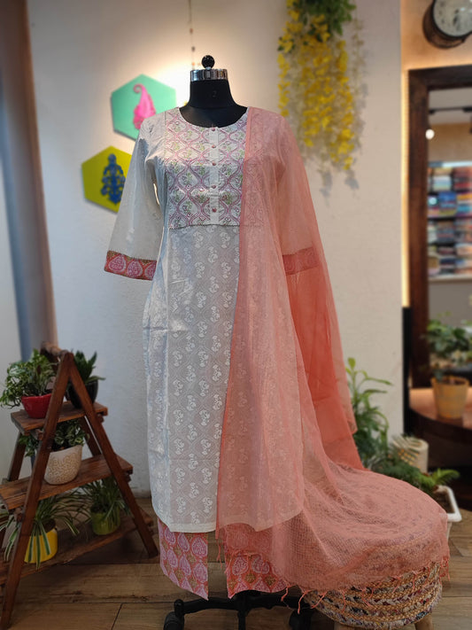 White Handblock Cotton Ready-Made Kurta Set with Pink Motif Prints and Peach Dupatta