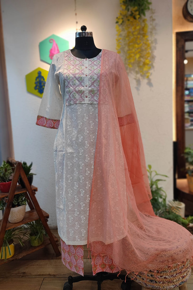 White Handblock Cotton Ready-Made Kurta Set with Pink Motif Prints and Peach Dupatta