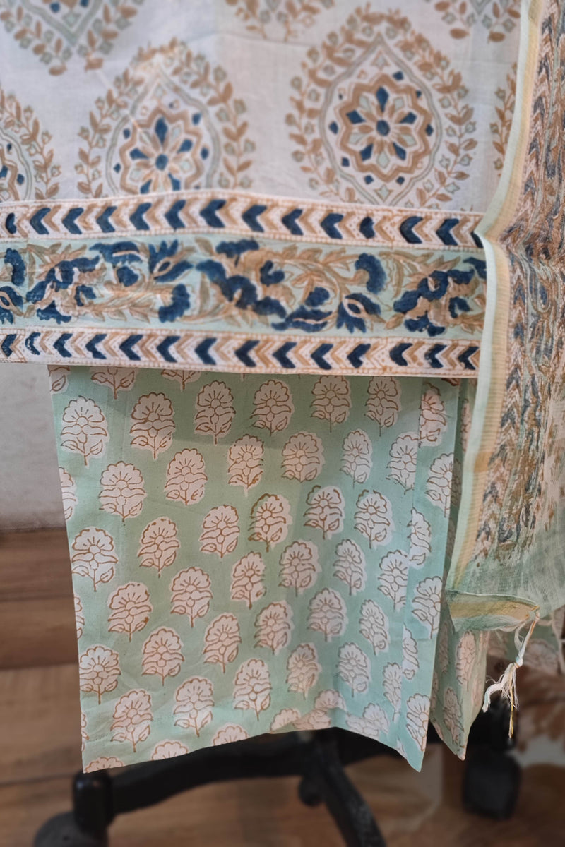 Cream Handblock Cotton Ready-Made Kurta Set with Blue Geometric Prints and Matching Dupatta