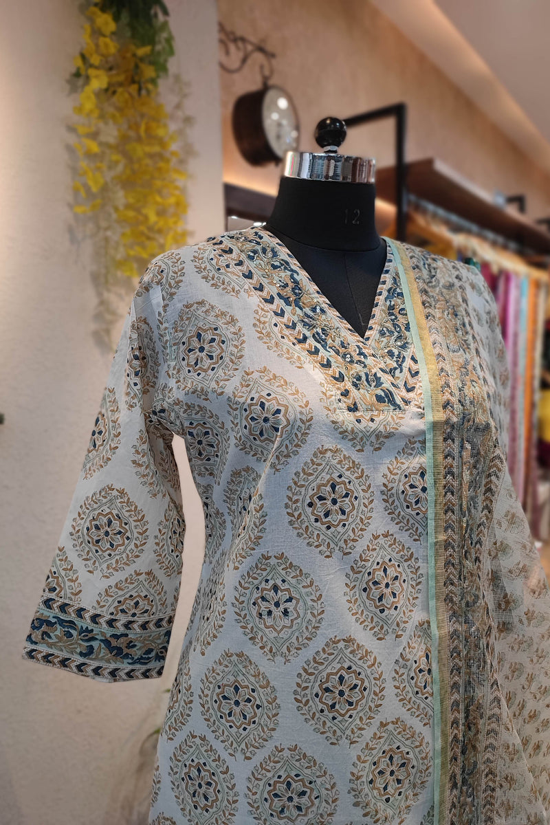 Cream Handblock Cotton Ready-Made Kurta Set with Blue Geometric Prints and Matching Dupatta