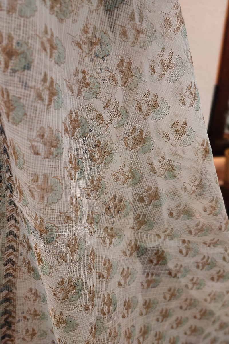 Cream Handblock Cotton Ready-Made Kurta Set with Blue Geometric Prints and Matching Dupatta