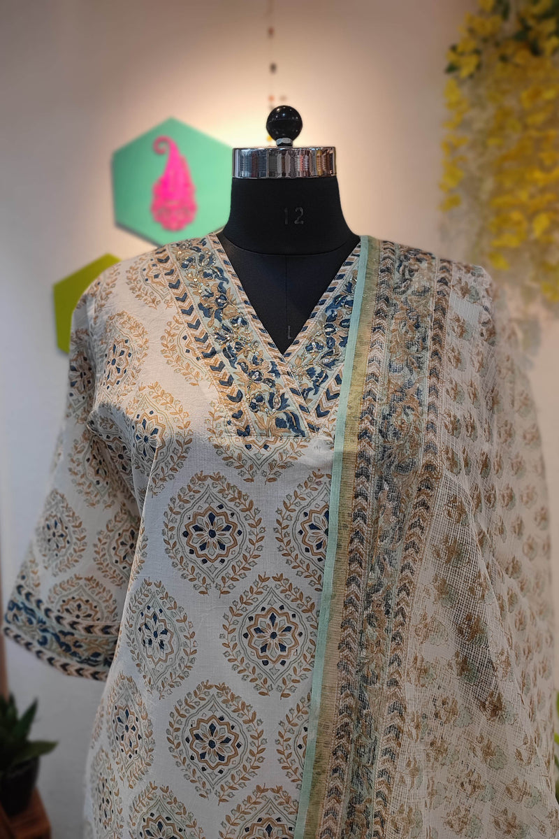 Cream Handblock Cotton Ready-Made Kurta Set with Blue Geometric Prints and Matching Dupatta
