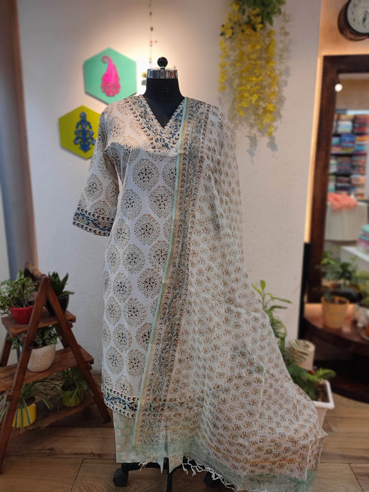 Cream Handblock Cotton Ready-Made Kurta Set with Blue Geometric Prints and Matching Dupatta