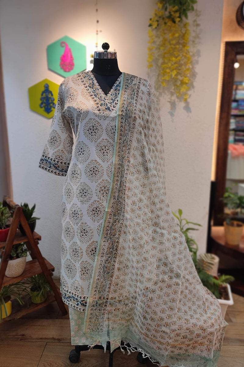 Cream Handblock Cotton Ready-Made Kurta Set with Blue Geometric Prints and Matching Dupatta