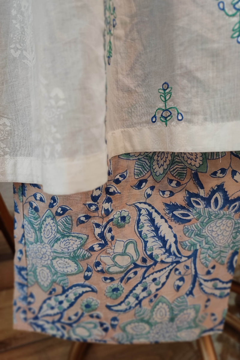White Handblock Cotton Ready-Made Kurta Set with Blue Motif Prints and Matching Dupatta