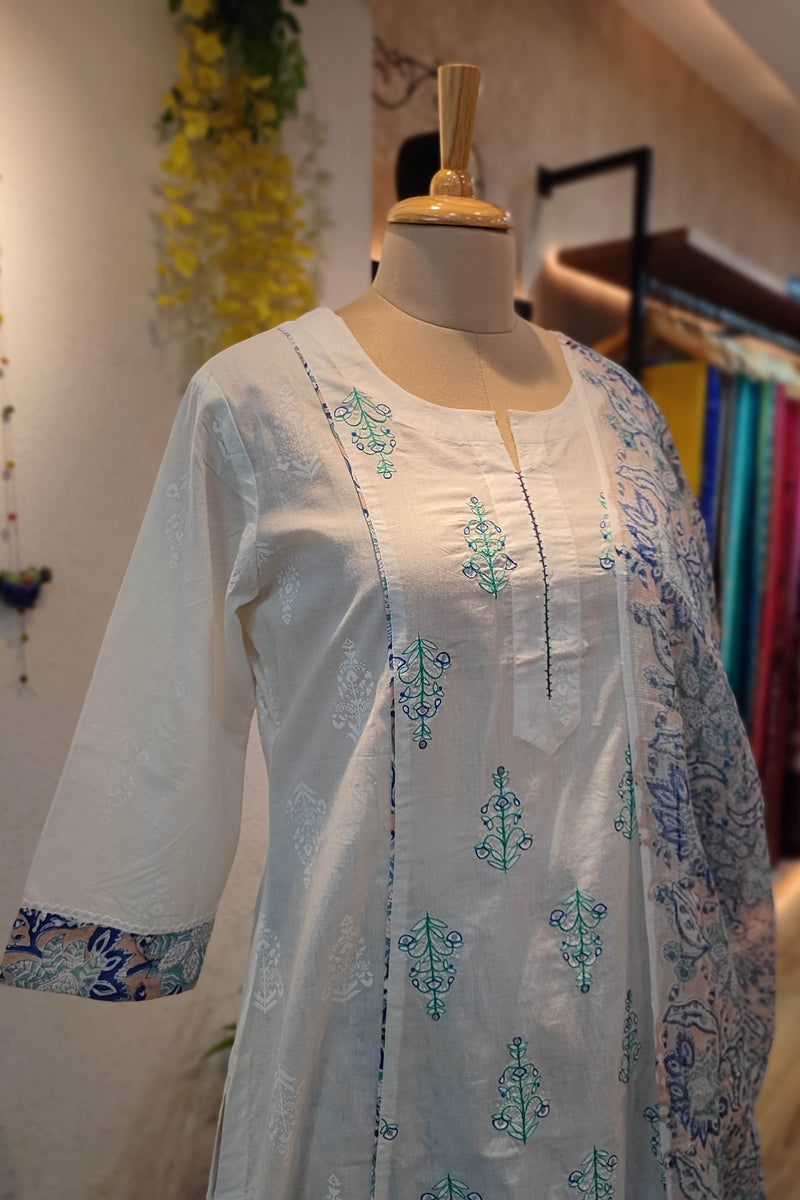White Handblock Cotton Ready-Made Kurta Set with Blue Motif Prints and Matching Dupatta