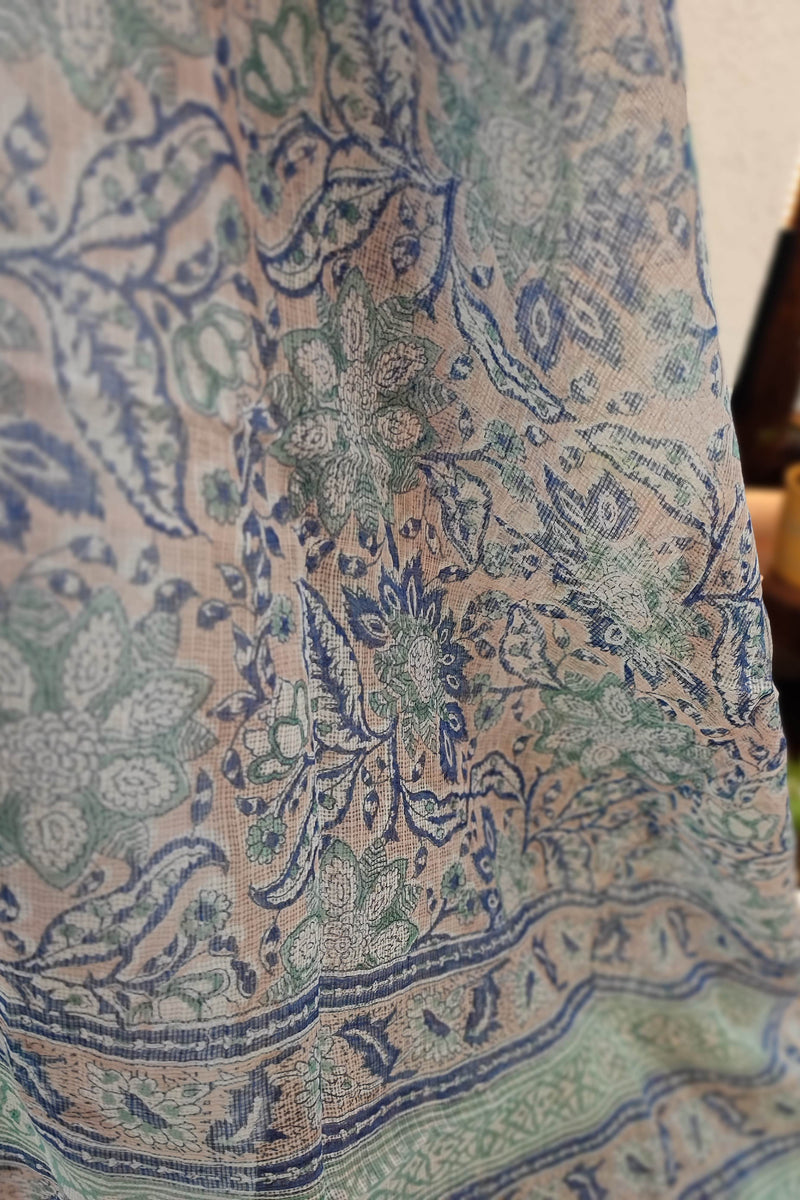 White Handblock Cotton Ready-Made Kurta Set with Blue Motif Prints and Matching Dupatta