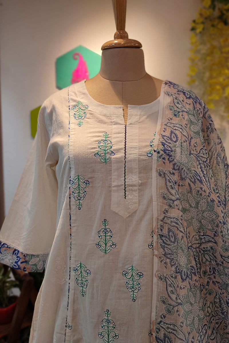 White Handblock Cotton Ready-Made Kurta Set with Blue Motif Prints and Matching Dupatta