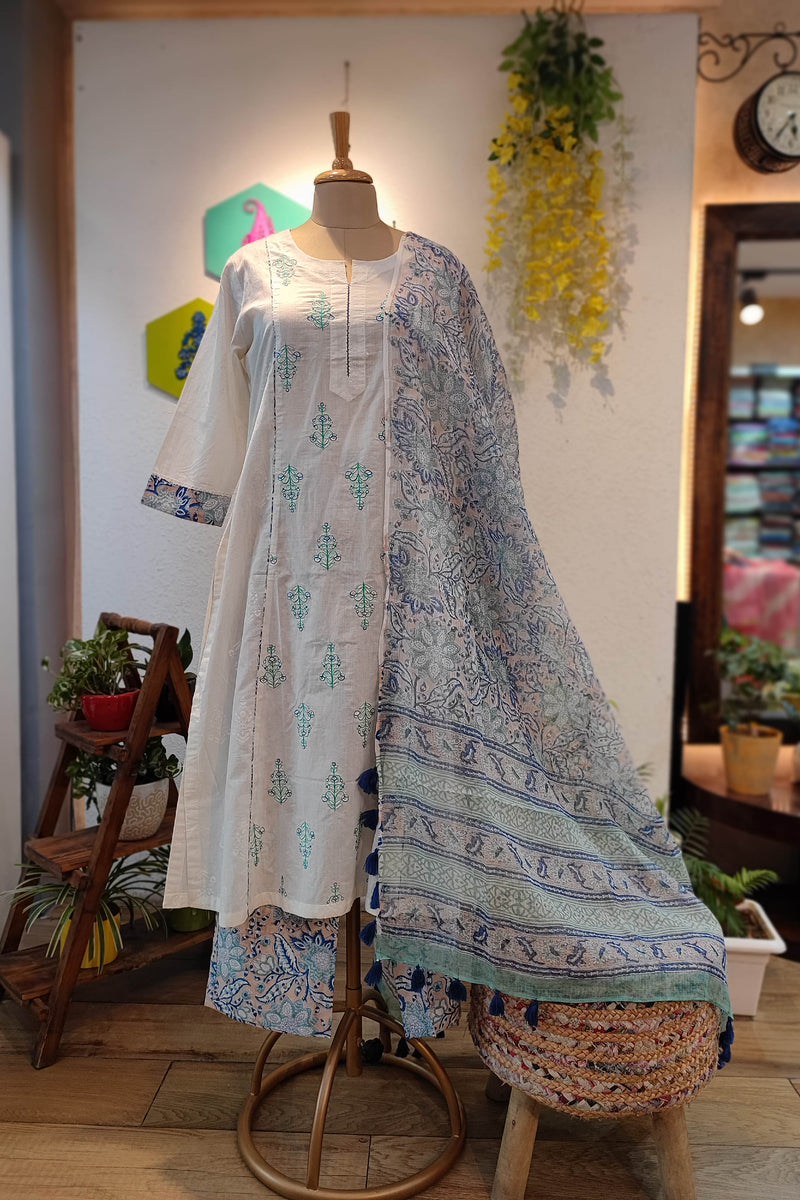 White Handblock Cotton Ready-Made Kurta Set with Blue Motif Prints and Matching Dupatta
