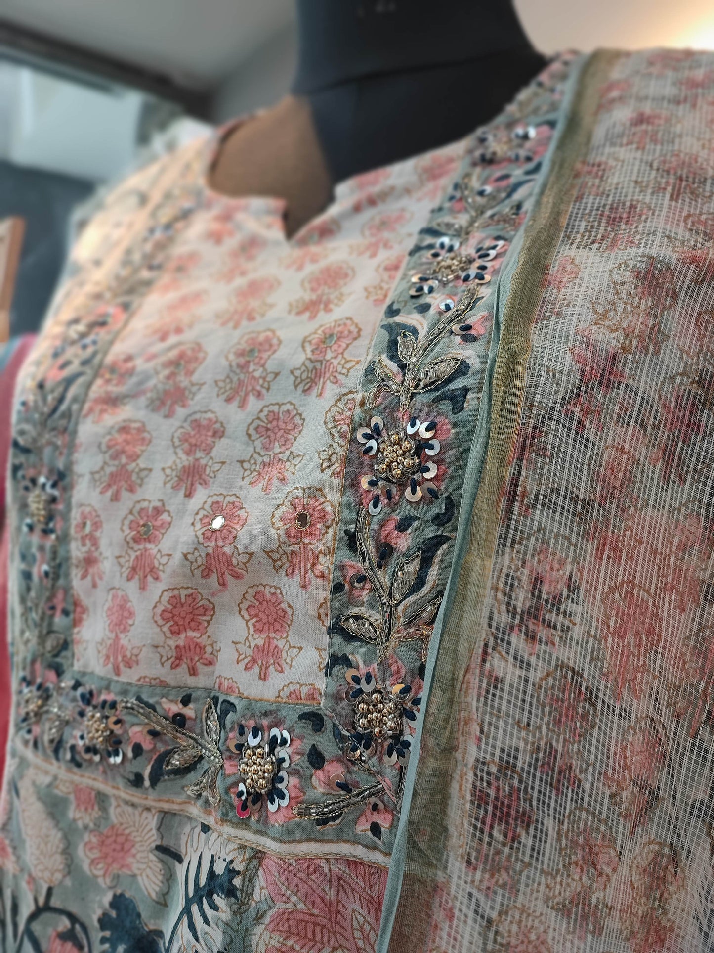 Light Blue Floral Handblock Cotton Ready-Made Kurta Set with Dupatta