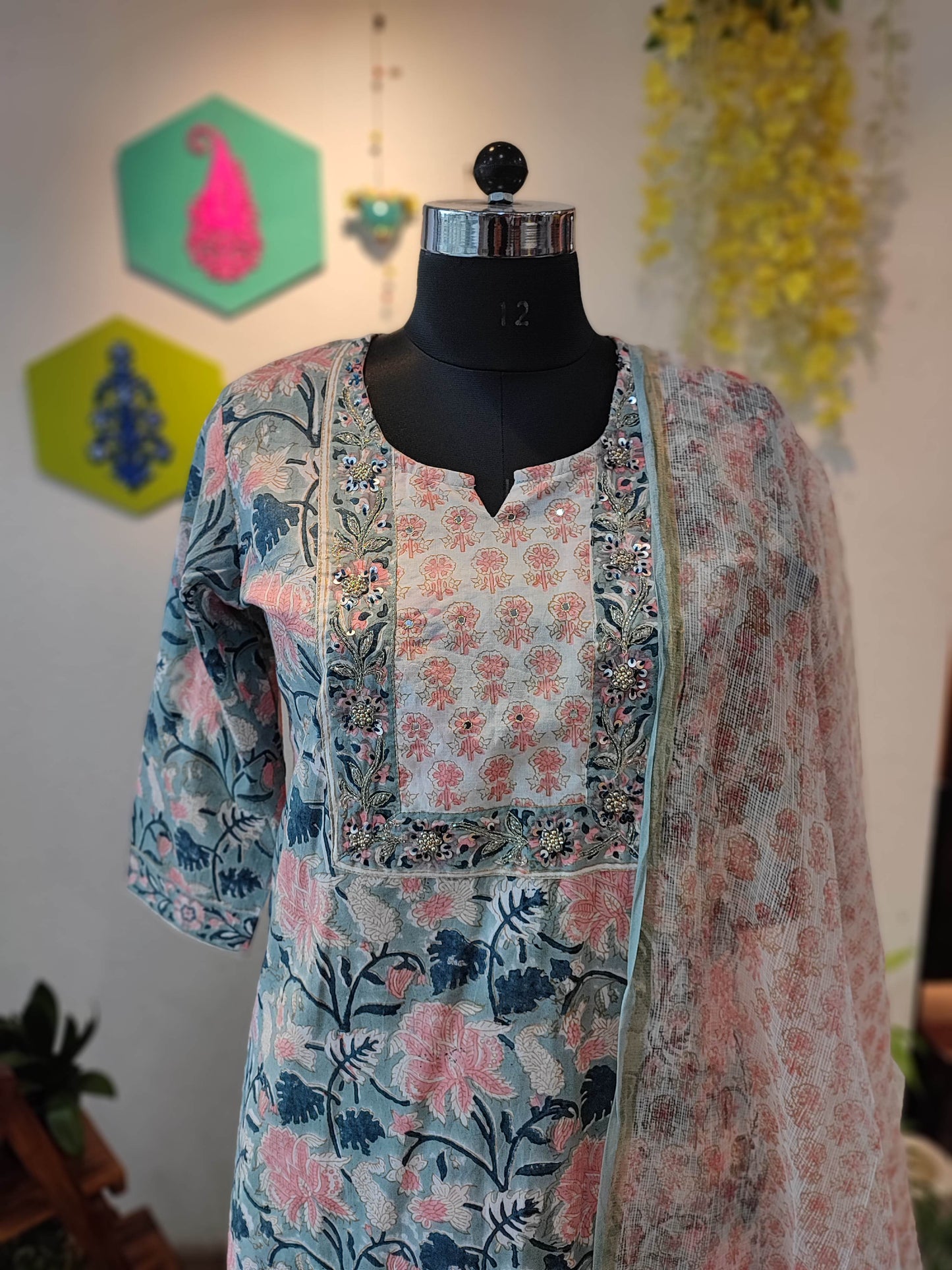 Light Blue Floral Handblock Cotton Ready-Made Kurta Set with Dupatta
