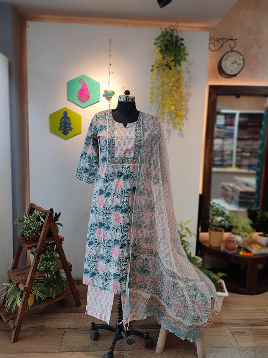 Light Blue Floral Handblock Cotton Ready-Made Kurta Set with Dupatta