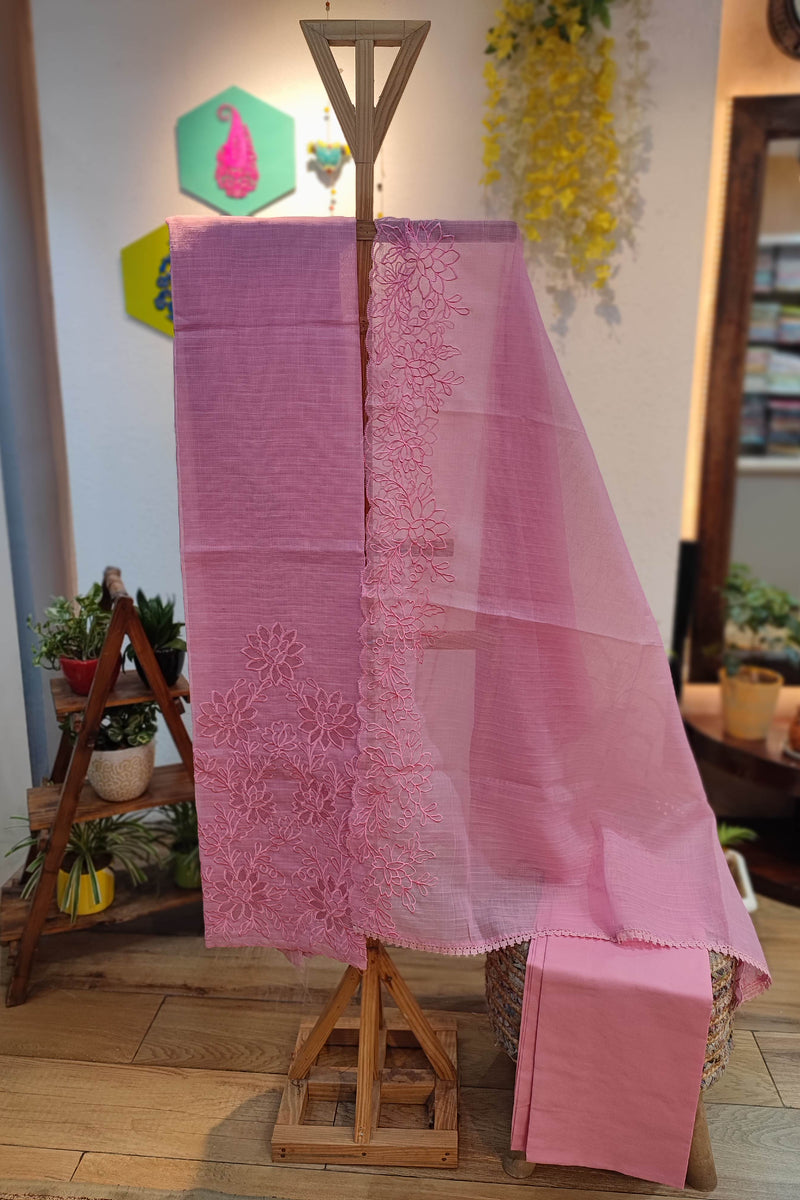 Charming Pink Kota  Suit Set with Bottom and Dupatta with Intricate Embroidery