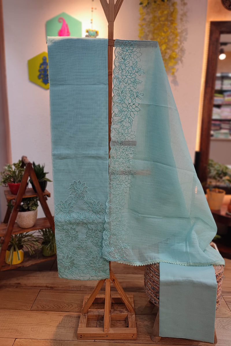 Light sky blue Kota linen Suit Set with cotton Bottom and kota linen Dupatta
