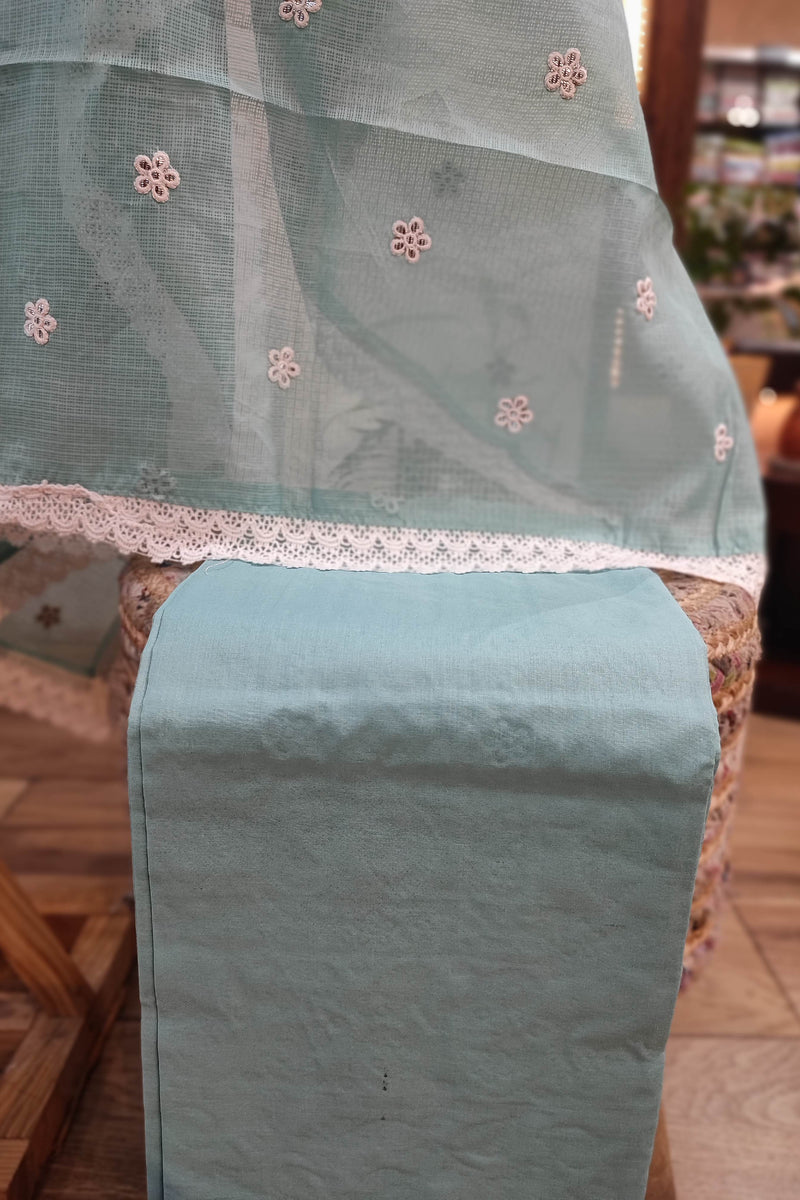 Stunning Light Blue Kota  Suit Set with Bottom and Dupatta - Delicate White Embroidery