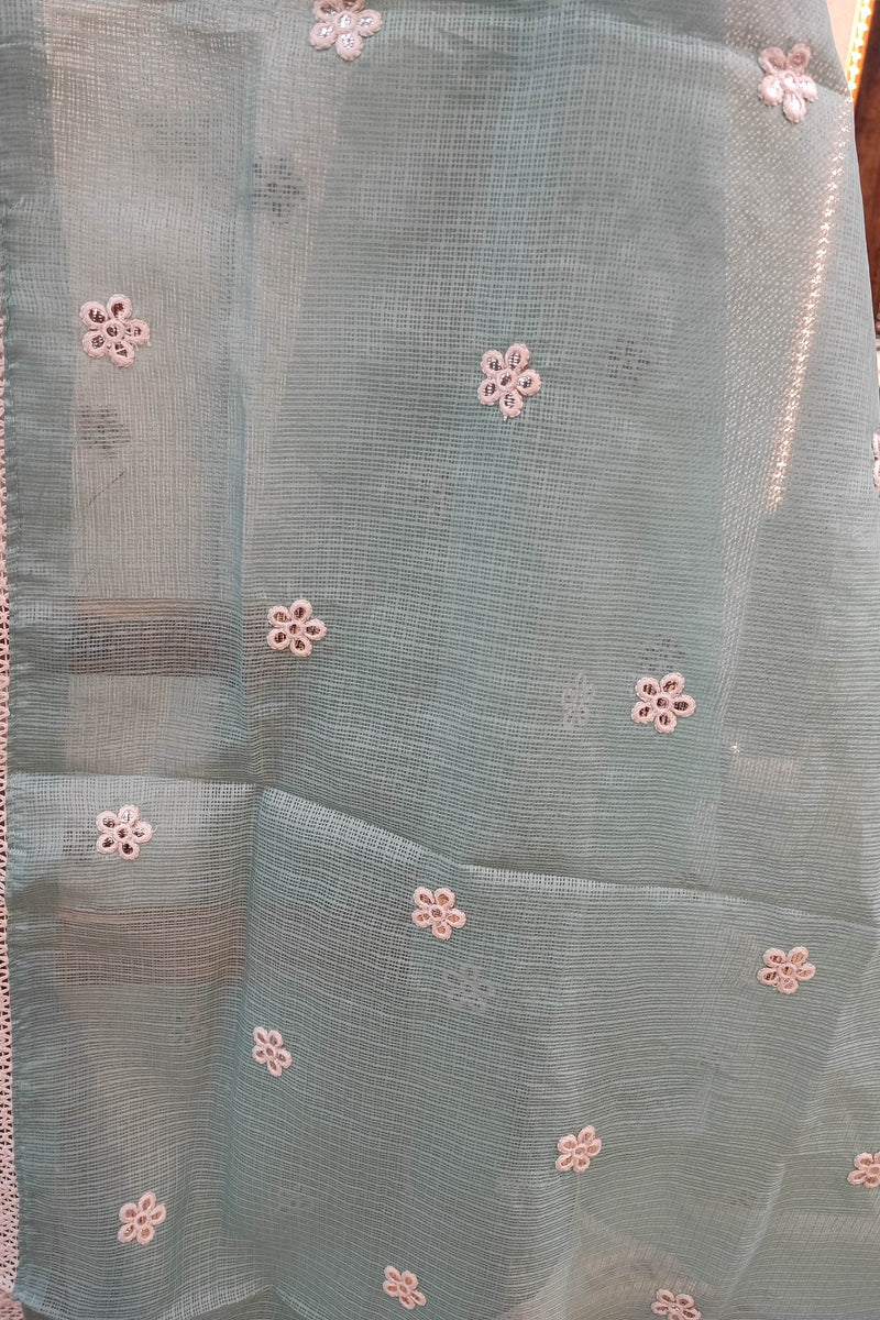Stunning Light Blue Kota  Suit Set with Bottom and Dupatta - Delicate White Embroidery