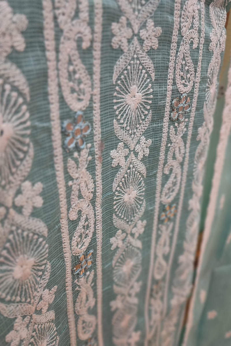 Stunning Light Blue Kota  Suit Set with Bottom and Dupatta - Delicate White Embroidery
