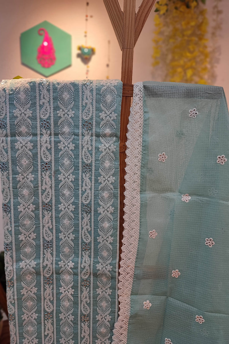Stunning Light Blue Kota  Suit Set with Bottom and Dupatta - Delicate White Embroidery