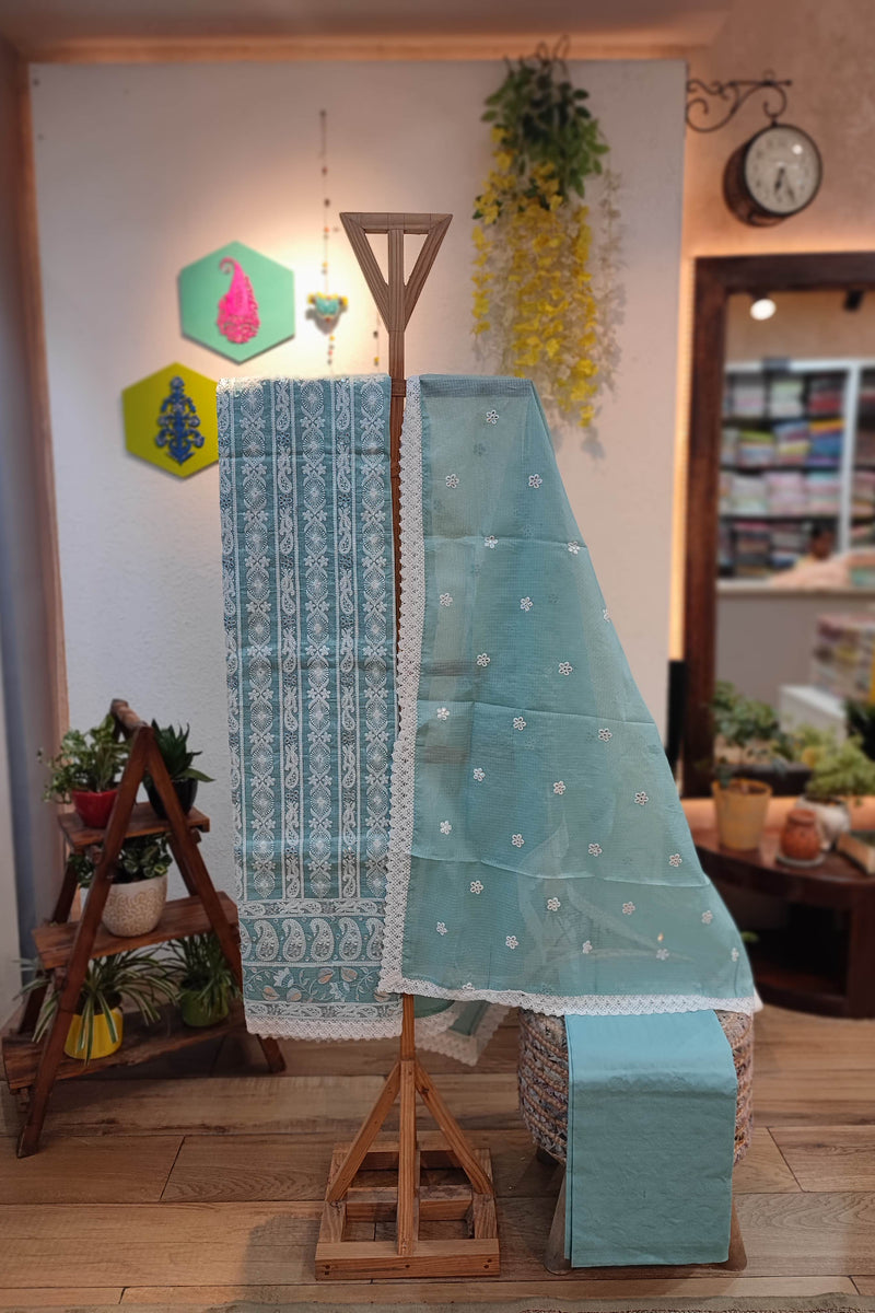 Stunning Light Blue Kota  Suit Set with Bottom and Dupatta - Delicate White Embroidery