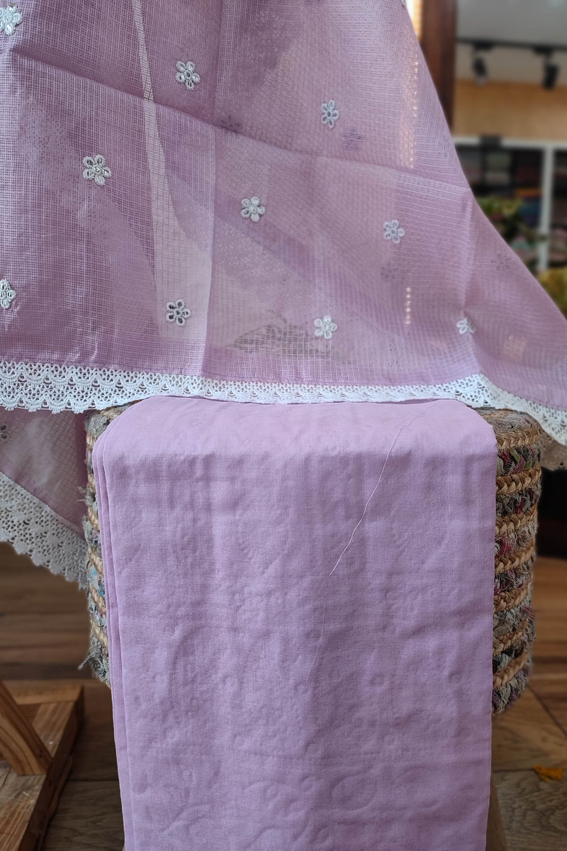 Chic Pink Kota  Suit Set with Bottom and Dupatta - Subtle White Embroidery