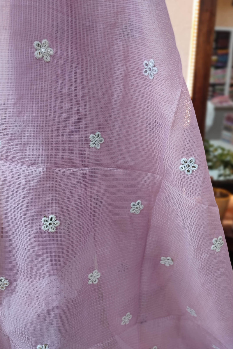 Chic Pink Kota  Suit Set with Bottom and Dupatta - Subtle White Embroidery